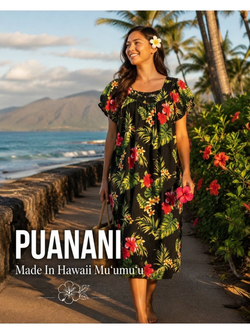 VTG Puanani Hawaii Muumuu Dress 2X Black Tropical Floral Cotton Hawaiian